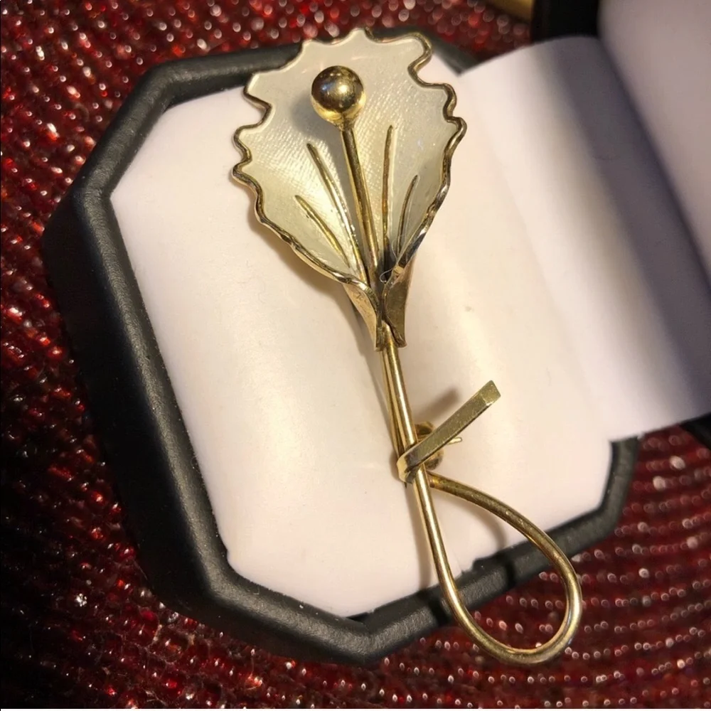 Gold Vermeil STERLING Guilloché ENAMEL ORCHID BROOCH by AKSEL HOLMSEN ~ NORWAY